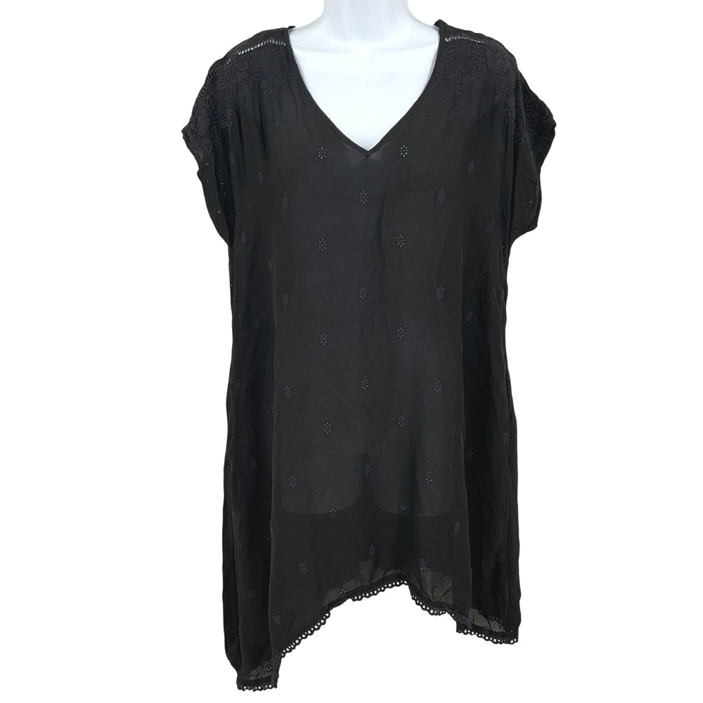 Johnny Was Tunic Women Sz M Black Embroidered Eyelet Boho Romantic‎ Airy Cottage